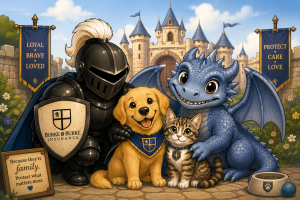 Pet insurance illustration featuring a knight and dragon protecting a dog and cat.